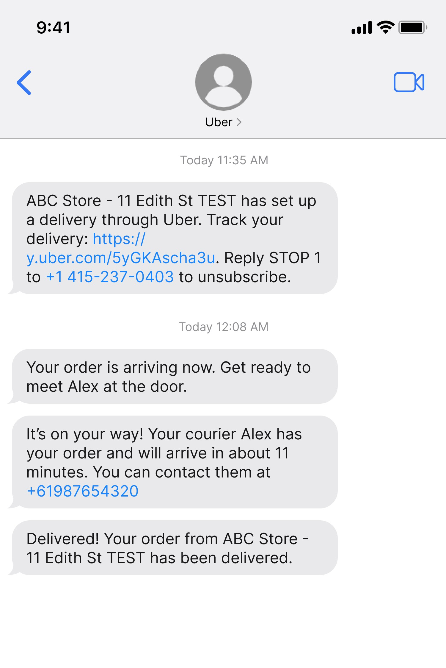 Uber Delivery Text Sample